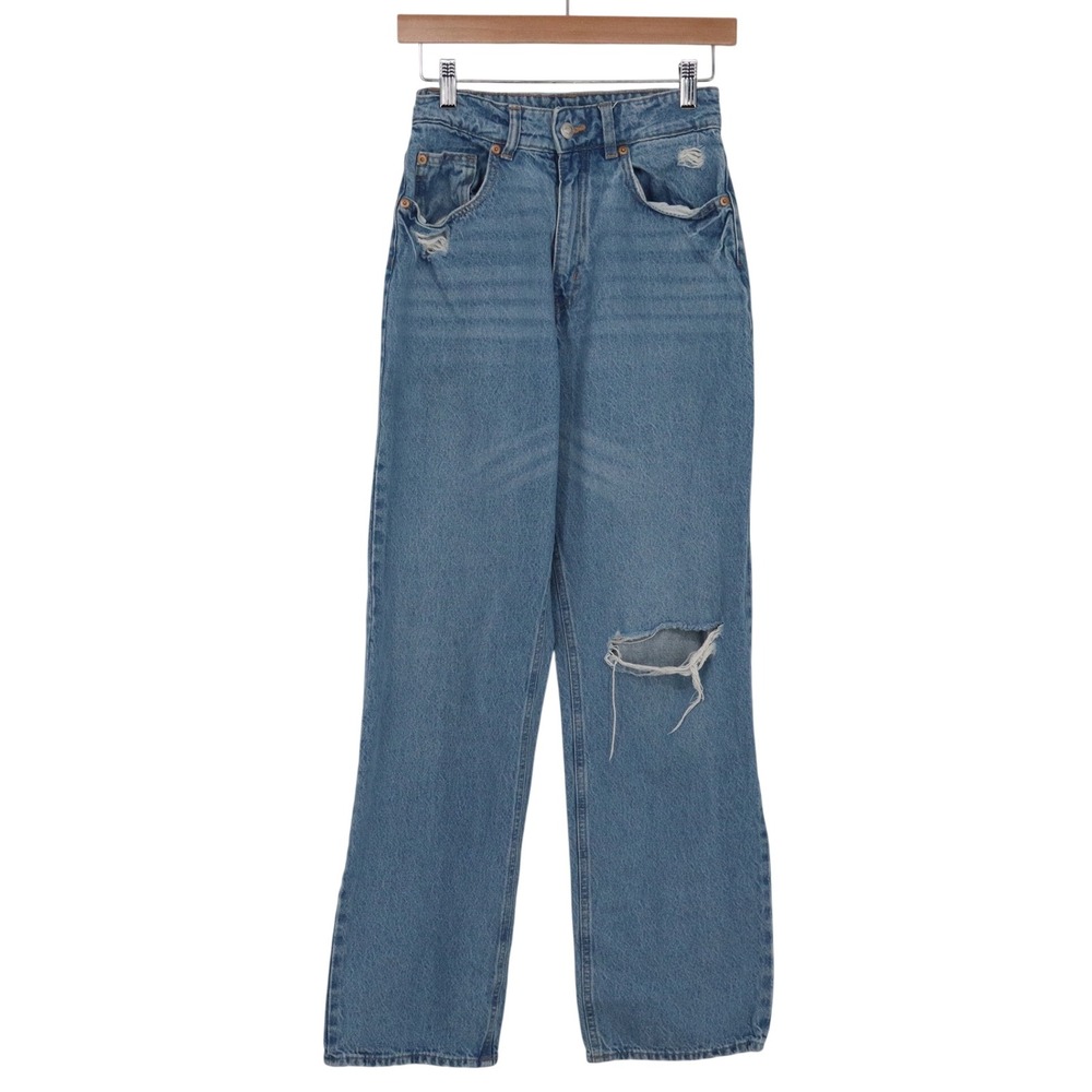 H&M Jeans Womens 4 Straight Leg Blue Distressed Ripped High Rise Excellent